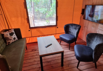 Zona de estar en tienda safari en los Países Bajos, con sillones, sofá, mesa y ventana al bosque.
