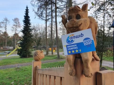 Wooden sculpture with ANWB sign at the entrance of Camping Het Horstmannsbos, the Netherlands.