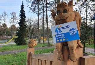 Træskulptur og ANWB-skilte ved indgangen til campingplads på Camping het Horstmannsbos, Nederlandene.