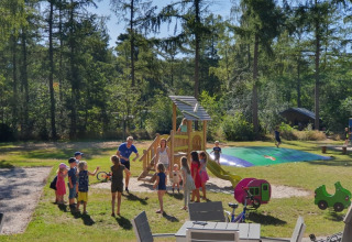 Børn leger og voksne overvåger ved legeplads og hoppepude i skovområde på Camping het Horstmannsbos.