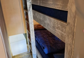 Køjeseng i safari telt ved Camping het Horstmannsbos i Holland, med træplanker og blå sengetøj.