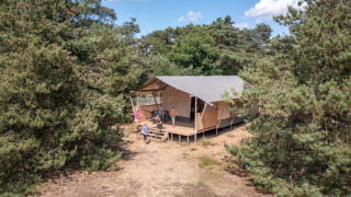Tenda safari in una radura, persone sulla veranda, circondata da alberi e cielo azzurro.