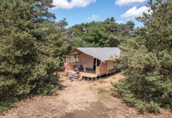 Tenda safari in una radura, persone sulla veranda, circondata da alberi e cielo azzurro.