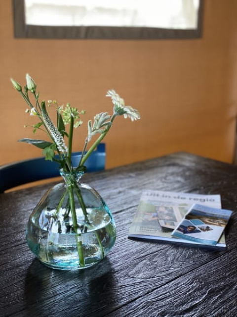 Safari-Zelt mit Sanitär bei Recreatiepark Riverside, Niederlande – Vase mit Blumen und Broschüren am Tisch