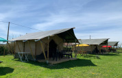 Tentes safari au Minicamping Sous les Cloches en France avec mobilier extérieur sur pelouse verte.