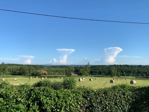 Blick auf eine grüne Wiese mit Heuballen und pilzförmigen Wolken bei Safari tent auf Minicamping Sous les Cloches.