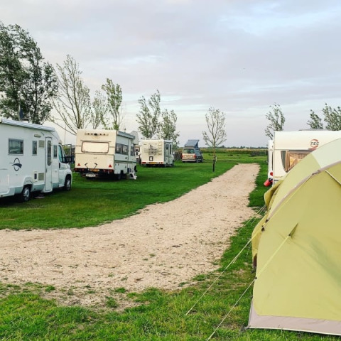 Wohnmobile und ein Safarizelt auf dem Bauern-Campingplatz Swarthoeve in den Niederlanden bei Sonnenuntergang.