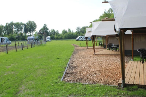 Safari-Zelte mit Holzterrassen auf dem Campingplatz de Waterbuffelfarm in den Niederlanden, grüne Wiese.