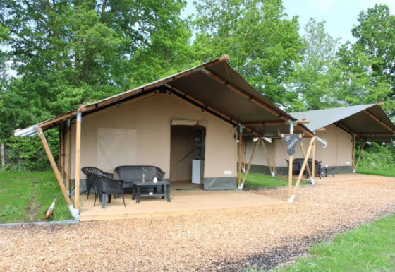 Safari tents with porch seating are shown in a natural camping area, surrounded by green trees and grass.