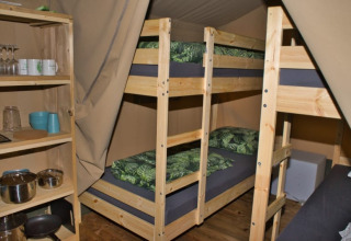 Vista interior de una tienda safari con literas, estantería de cocina y cojines verdes en Camping Aller-Leine-Tal.