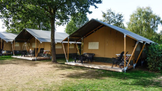 Tiendas safari con porche, mesas y sillas en un camping verde, perfectas para una experiencia al aire libre.