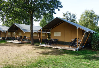 Safari tents with porches, tables, and chairs set on a green campsite, perfect for outdoor adventures.