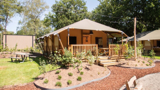 Safari tent bij Holiday Park Gelloo in Nederland, omgeven door bomen en een tuin met een houten veranda.