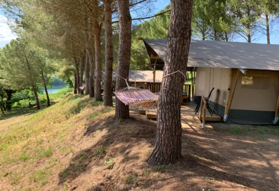 Safari tent with private facilities among pine trees, hammock outside, overlooking a lake and forest view.
