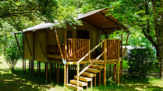 Safari-telt på Camping Pittoresque i Frankrig, hævet på pæle midt i en frodig grøn skovomgivelse.