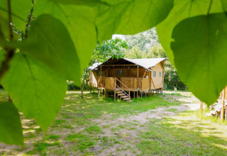 Tenda safari con servizi igienici privati al Camping Pittoresque, Francia, vista tra foglie verdi.