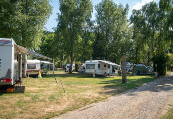 Caravans and tents under trees at the Safari tent at Camping Elbeling in Germany on a sunny day.