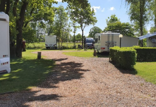 Photo of the campsite near the safari tent at Camping Elbeling in Germany, showing motorhomes and greenery.