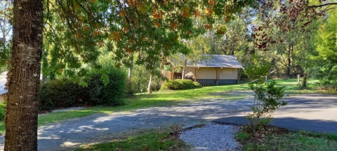 Safari tent at Camping L’Etruyère in France, surrounded by lush trees and a sunlit pathway in nature.