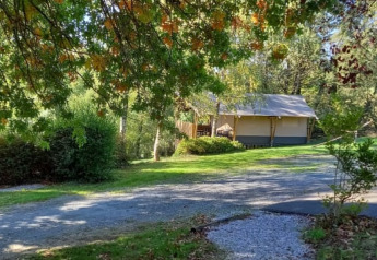 Safari tent at Camping L’Etruyère in France, surrounded by lush trees and a sunlit pathway in nature.