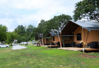Safari telte på Camping Prima i Tjekkiet, med verandaer, grøn plæne og nogle træer foran teltene.
