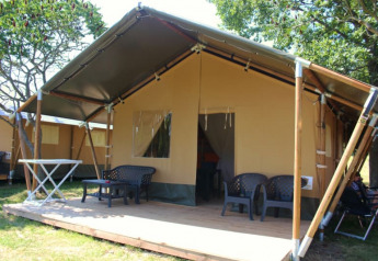 Tenda safari con veranda in legno coperta, sedie da esterno e alberi in un ambiente naturale.