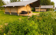 Tienda safari en Camping Pasveer, Países Bajos, rodeada de vegetación y zona de estar al aire libre.