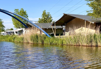 Safari telt ved Camping Pasveer i Holland med udsigt til vand, siv og blå buer i baggrunden.