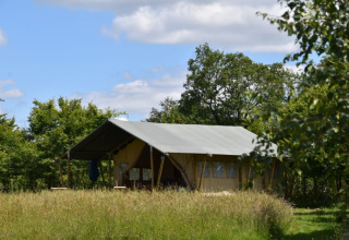 Tienda safari en Camping Domaine Bleu Celeste en Francia, rodeada de árboles y hierba alta en un día soleado.