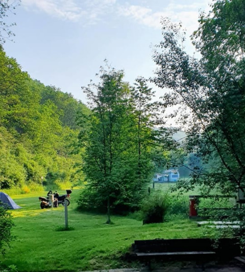 Green campsite near a safari tent, motorcycles and trees, with sunlight streaming through the nature.