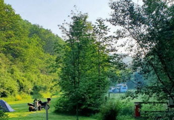 Green campsite near a safari tent, motorcycles and trees, with sunlight streaming through the nature.