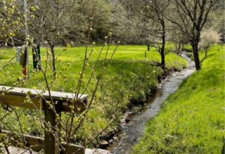 Puente de madera sobre arroyo junto a una tienda safari en Camping Drei Spatzen, Alemania, primavera.