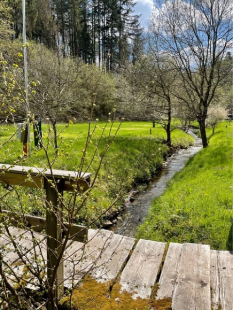 Holzbrücke über einen Bach im Grünen bei einem Safarizelt auf Camping Drei Spatzen, Deutschland.