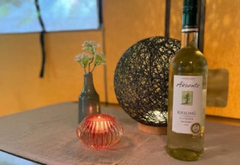 Interior de tienda safari en Camping Drei Spatzen, Alemania, con vino blanco, vela y decoración moderna.