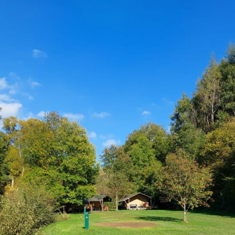 Safarizelt auf Camping Drei Spatzen in Deutschland, umgeben von grünen Bäumen und blauem Himmel.