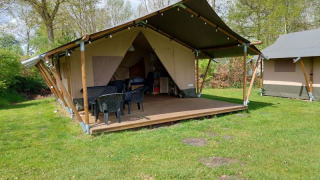 En safaritelte med overdækket terrasse, havemøbler og grønt græs set under træer i dagslys.