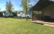 Tienda safari con porche y autocaravanas en Camping de Zwammenberg, Países Bajos, sobre césped verde.