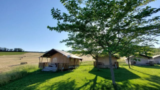 Tienda safari con baño privado entre césped y árboles, junto a campos bajo un cielo azul claro.