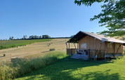 Tienda safari con porche y sanitario en Tenuta Tredici Ulivi, Italia, rodeada de campo y cielo azul.