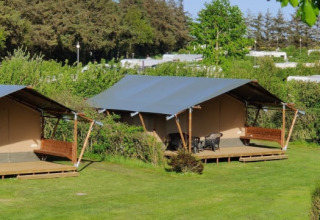 Twee glamping tenten met overdekt terras staan op het gras, omgeven door struiken en groene bomen.