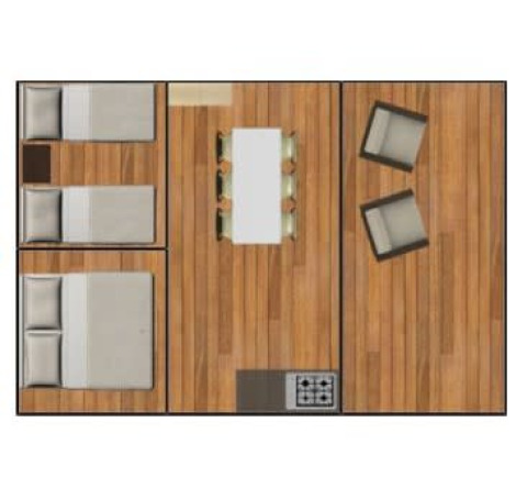 Plano de una tienda safari en Ballum Camping, Dinamarca, con camas, mesa de comedor y zona de estar.