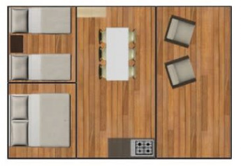 Plano de una tienda safari en Ballum Camping, Dinamarca, con camas, mesa de comedor y zona de estar.