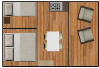 Plano de una tienda safari en Ballum Camping, Dinamarca, con camas, mesa de comedor y zona de estar.