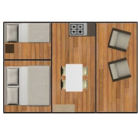 Plano de una tienda safari en Ballum Camping, Dinamarca, con camas, mesa de comedor y zona de estar.