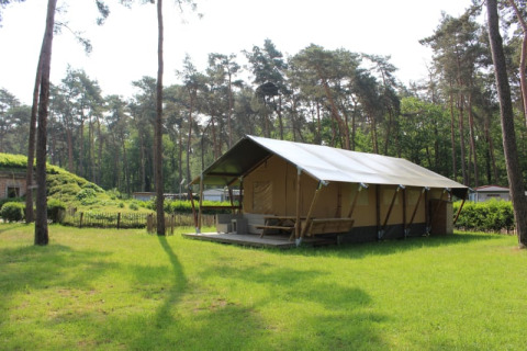 Tienda safari con instalaciones sanitarias y tobogán en Familiepark Goolderheide, Bélgica, rodeada de árboles.