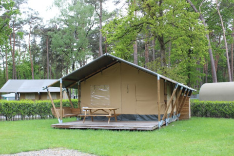 Tenda safari con bagno privato, posta su pedana in legno e circondata da verde e alberi di bosco.