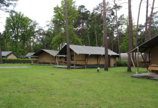 Tiendas safari con instalaciones sanitarias en Familiepark Goolderheide, Bélgica, rodeadas de árboles verdes.