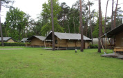 Safari tents with private sanitary facilities at Familiepark Goolderheide, Belgium, surrounded by trees.