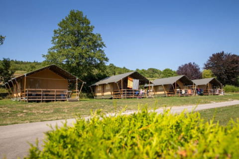 Safaritenten op een groene camping met bomen en heldere blauwe lucht op een zonnige dag.