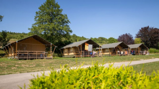 Safaritenten op een groene camping met bomen en heldere blauwe lucht op een zonnige dag.